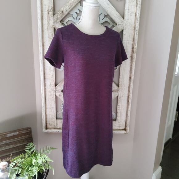 Loft Women's M Short Sleeve Tweed Shift Sheath Midi Dress in Burgundy Blue - Picture 1 of 6
